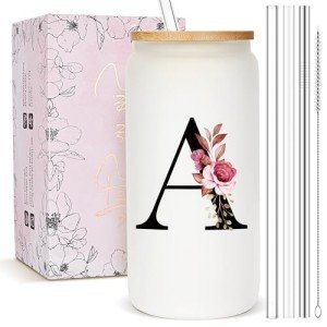 Personalized Monogrammed Frosted Glass Tumbler with Straw