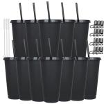 24 oz Black Reusable Cups with Lids & Straws