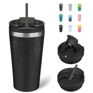 18oz Black Leopard Insulated Tumbler with Lid & Straw