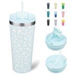 Light Blue Leopard 22oz Insulated Tumbler with Straw
