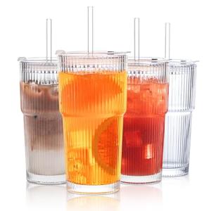 20 oz Ribbed Glass Tumblers with Lids & Straws
