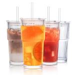 20 oz Ribbed Glass Tumblers with Lids & Straws