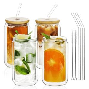 12oz Double Wall Glass Tumblers with Bamboo Lids