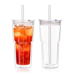 20oz Clear Double Wall Glass Tumblers with Lids