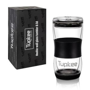 Tupkee 20 oz Double Wall Glass Tumbler With Lid – All Glass Hand Blown Reusable Insulated Travel Mug - For Coffee, Tea, Boba, Iced Coffee, and Smoothie Cup To Go – Black