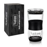 Tupkee 20 oz Double Wall Glass Tumbler With Lid – All Glass Hand Blown Reusable Insulated Travel Mug - For Coffee, Tea, Boba, Iced Coffee, and Smoothie Cup To Go – Black