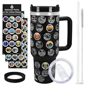 XccMe 63 National Parks Water Bottle with Stickers,40 oz Tumbler with Handle and Straw,2 Lids,40 oz Double Wall Insulated Tumbler,Stainless Steel Leak Proof Tumbler,Travel Coffee Mug (Black)