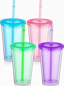 4 Pack Insulated Plastic Tumblers with Lids and Straws
