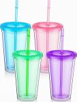 4 Pack Insulated Plastic Tumblers with Lids and Straws