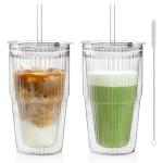16oz Double Wall Ribbed Glass Tumblers with Straws