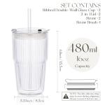 16oz Double Wall Ribbed Glass Tumblers with Straws