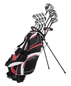 18 Piece Men's Complete Golf Club Package Set With Titanium Driver, #3 & #5 Fairway Woods, #4 Hybrid, 5-SW Irons, Putter, Stand Bag, 4 H/C's (Red, Tall Size +1")