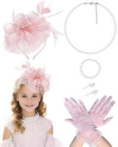 Girls Blush Pink Tea Party Hat and Accessories