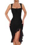 Chic Ruched Bodycon Midi Dress in Black