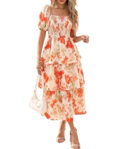 Floral Puff Sleeve Square Neck Maxi Dress