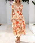 Floral Puff Sleeve Square Neck Maxi Dress