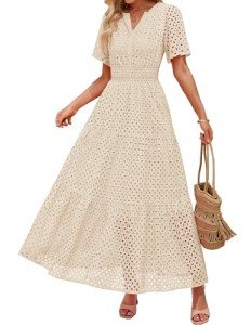 ZESICA Women's Summer V-Neck Maxi Dress, Apricot