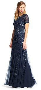 Navy Beaded Short-Sleeve Gown by Adrianna Papell