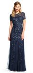 Navy Beaded Short-Sleeve Gown by Adrianna Papell