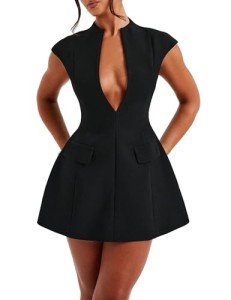 Black Deep V Neck Cap Sleeve Mini Dress