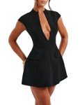 Black Deep V Neck Cap Sleeve Mini Dress