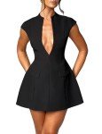 Black Deep V Neck Cap Sleeve Mini Dress