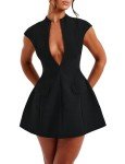 Black Deep V Neck Cap Sleeve Mini Dress