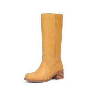 Yellow Chunky Block Heel Mid Calf Boots for Women