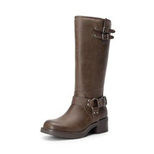 Brown Knee High Chunky Heel Motorcycle Boots