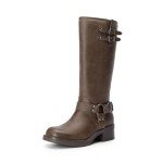 Brown Knee High Chunky Heel Motorcycle Boots