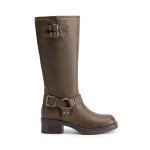 Brown Knee High Chunky Heel Motorcycle Boots