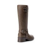 Brown Knee High Chunky Heel Motorcycle Boots