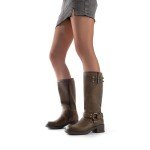 Brown Knee High Chunky Heel Motorcycle Boots