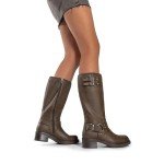 Brown Knee High Chunky Heel Motorcycle Boots