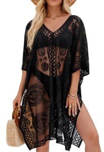 Lace V-Neck Black Swimwear Cover-Up Dress