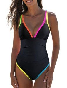 Popvil Women's V Neck Color Block One-Piece Swimsuit