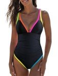 Popvil Women's V Neck Color Block One-Piece Swimsuit