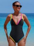 Popvil Women's V Neck Color Block One-Piece Swimsuit
