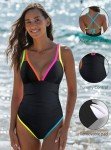 Popvil Women's V Neck Color Block One-Piece Swimsuit