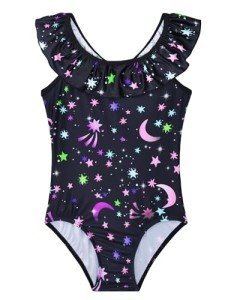 Girls Black Star Ruffled One-Piece Swimsuit