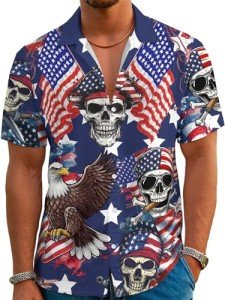 Men's Pirate Print Hawaiian Shirt with American Flag