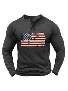 Men's Distressed American Flag Long Sleeve Henley T-Shirt
