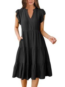 ANRABESS Women’s Black Ruffle Sleeve Midi Dress