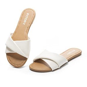 FITORY Women's Summer Leather Flat Slide Sandals