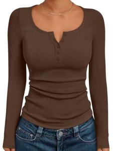 Chic Ribbed Long Sleeve Henley Top for Women