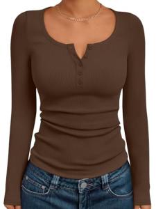 Chic Ribbed Long Sleeve Henley Top for Women
