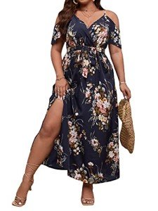 Floerns Plus Size Floral Cold Shoulder Long Dress