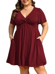 Plus Size Summer Dress with Pockets - Wine Red