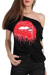 Rocky Horror Picture Show Lips Print Off-the-Shoulder T-Shirt