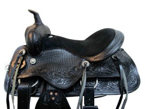 Black Leather Floral Tooled Western Trail Saddle Set